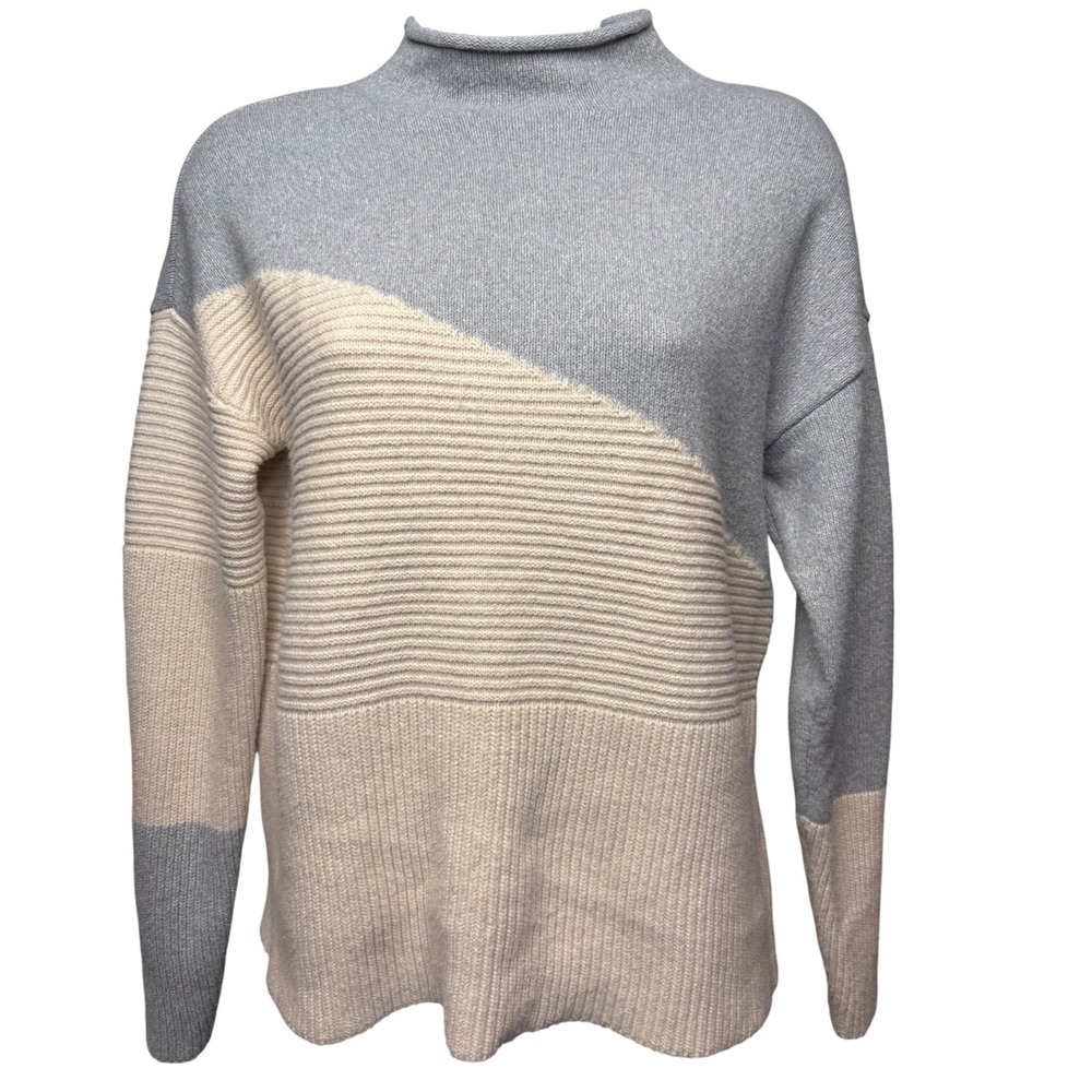 CHLOE + JASMINE Womens Gray Cream Mock Neck Sweater S Colorblock Ribbed Scandi